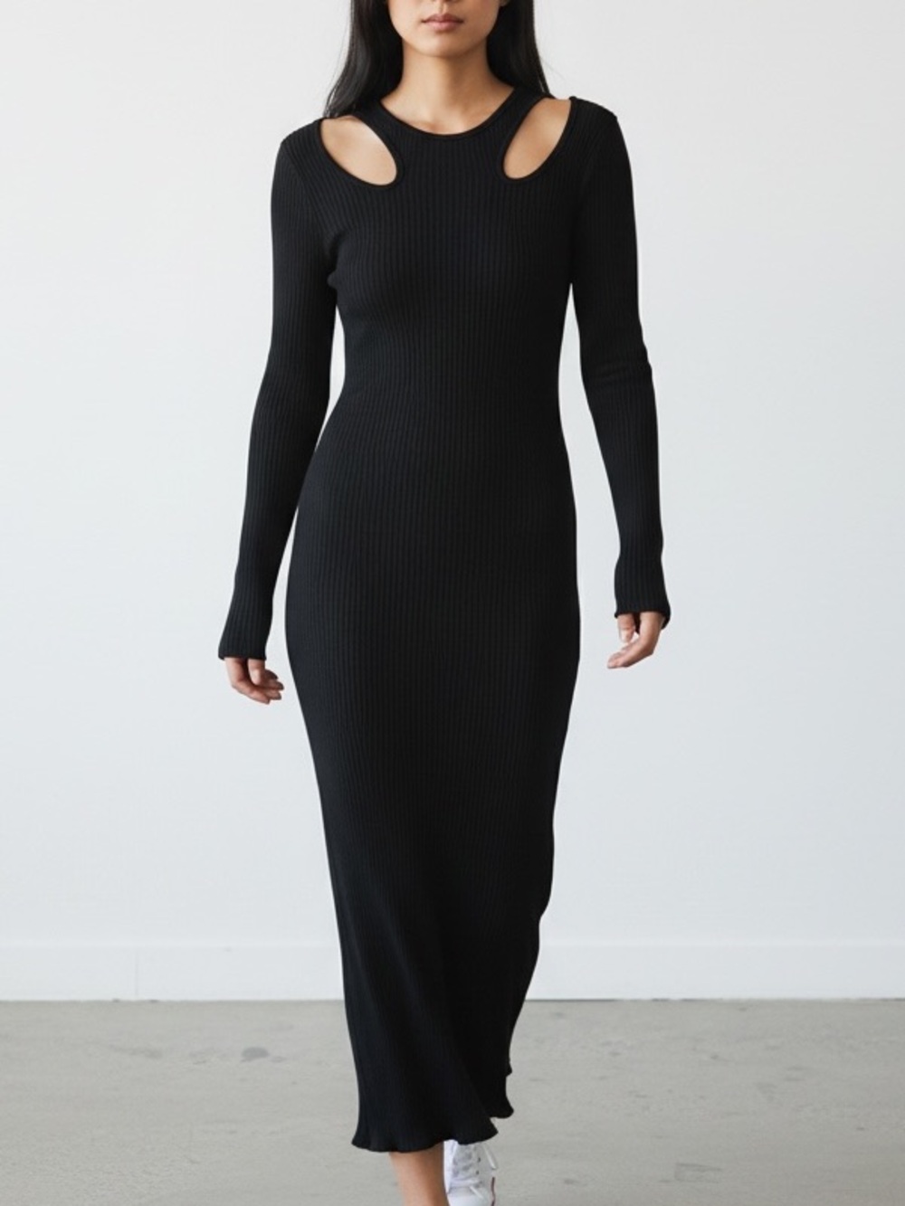 Simon Miller Black Ribbed Open Shoulder Long Sleeve Dress